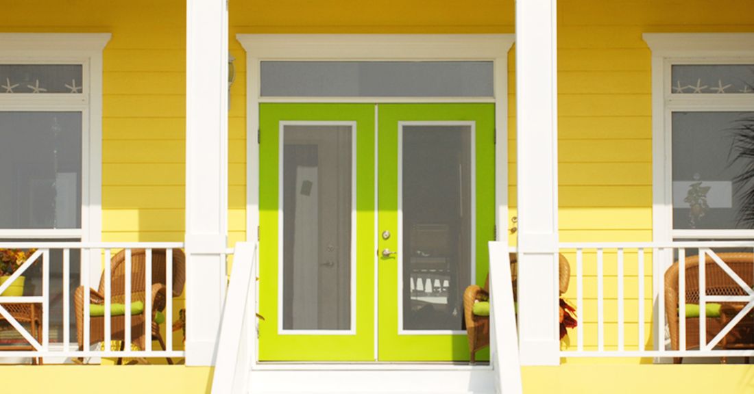 Fresh yellow home exterior, accented with green front doors, spring cleaning inspiration, tips and tricks